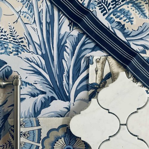 Sunshine Coast Coastal Hamptons Apartment renovation blue and white flatlay samples