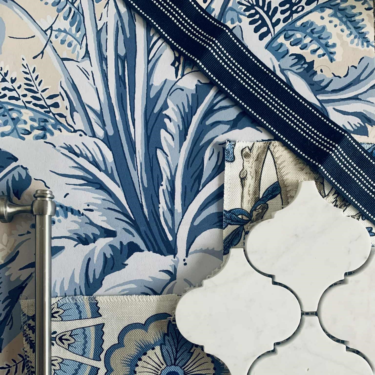 Sunshine Coast Coastal Hamptons Apartment renovation blue and white flatlay samples